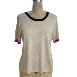 Kerri Rosenthal Knit Top Size L Cotton Cashmere Ringer Tee Short Sleeve Pocket